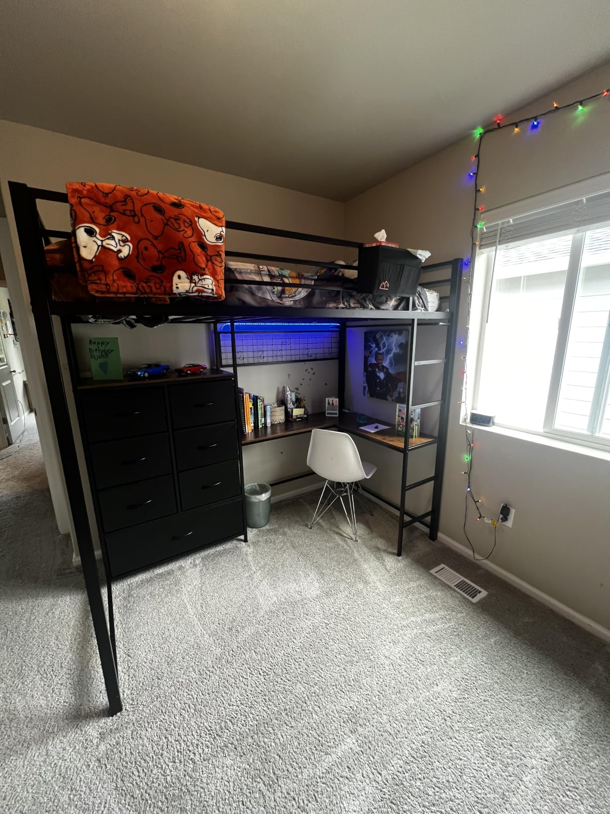 DICTAC Full Loft Bed with L-Shaped Desk and 7 Storage Drawers, Metal Full Size Loft Bed for Teen with LED Lights and Charging Station,13.11