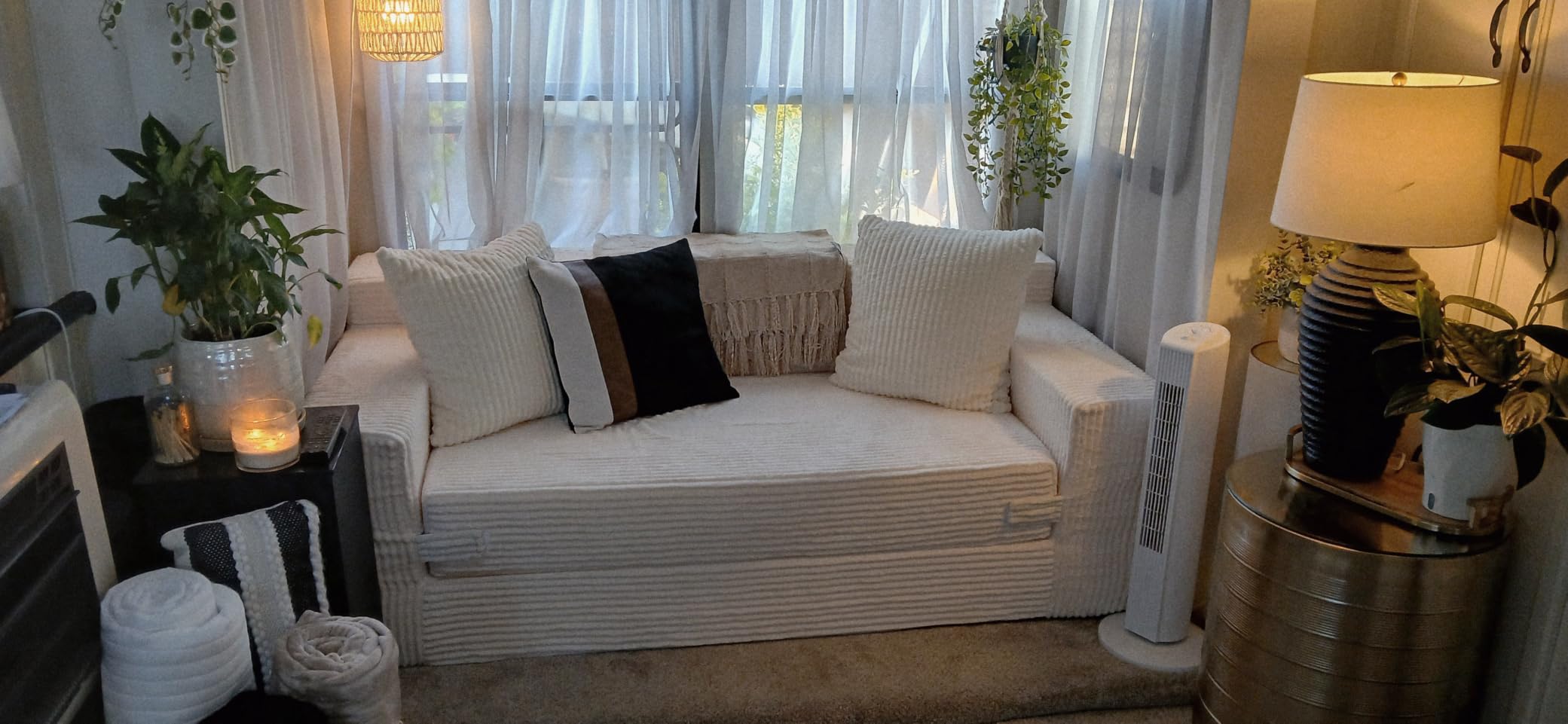 3 Seater Boneless Couch for Living Room, Convertible Futon Sofa Bed Comfy Pull Out Couch with 5 Pillows & Detachable Washable Cover, Upholstered Floor Sofa in A Box, No Assembly Required, Beige customer photo 1
