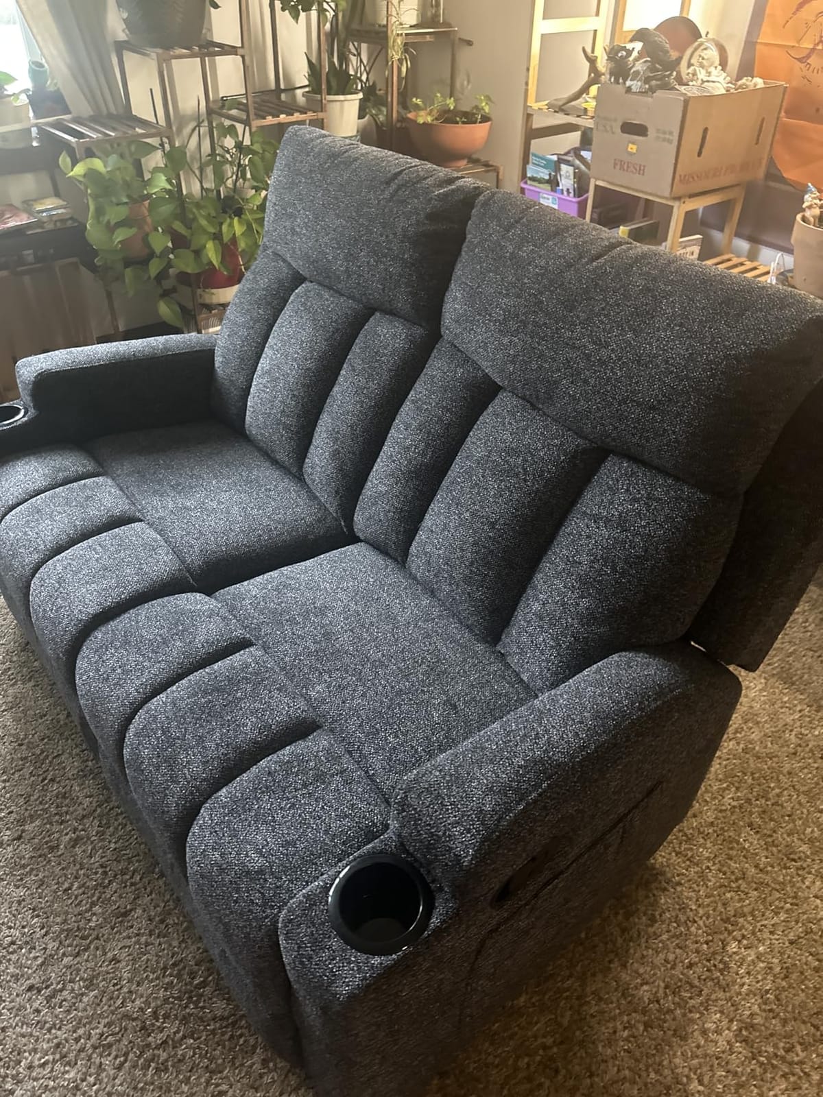 CANMOV Manual Recliner Sofa Set, Soft Fabric Reclining Loveseat with Side Pockets and Cup Holders, 2 Seat Reclining Couch for Living Room, Office, Light Grey customer photo 2