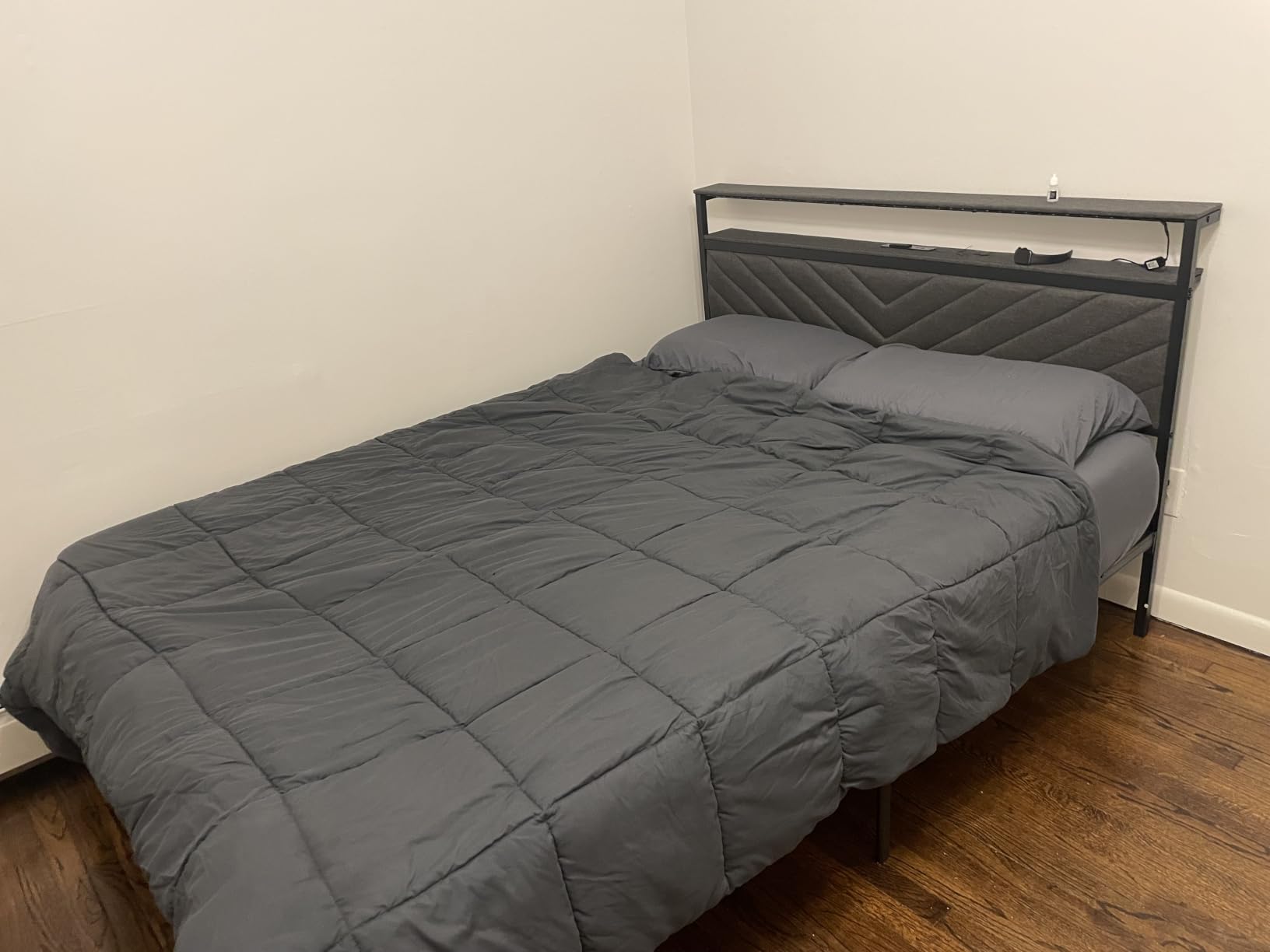Fluest Full Bed Frame with 2 Drawers, Upholstered Headboard with Storage and Charging Station, LED Lights, Grey customer photo 1