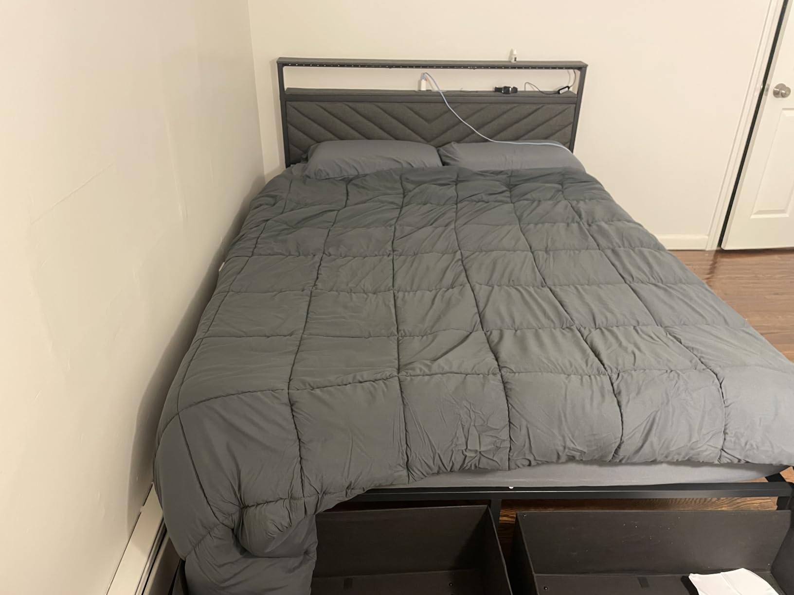 Fluest Full Bed Frame with 2 Drawers, Upholstered Headboard with Storage and Charging Station, LED Lights, Grey customer photo 2