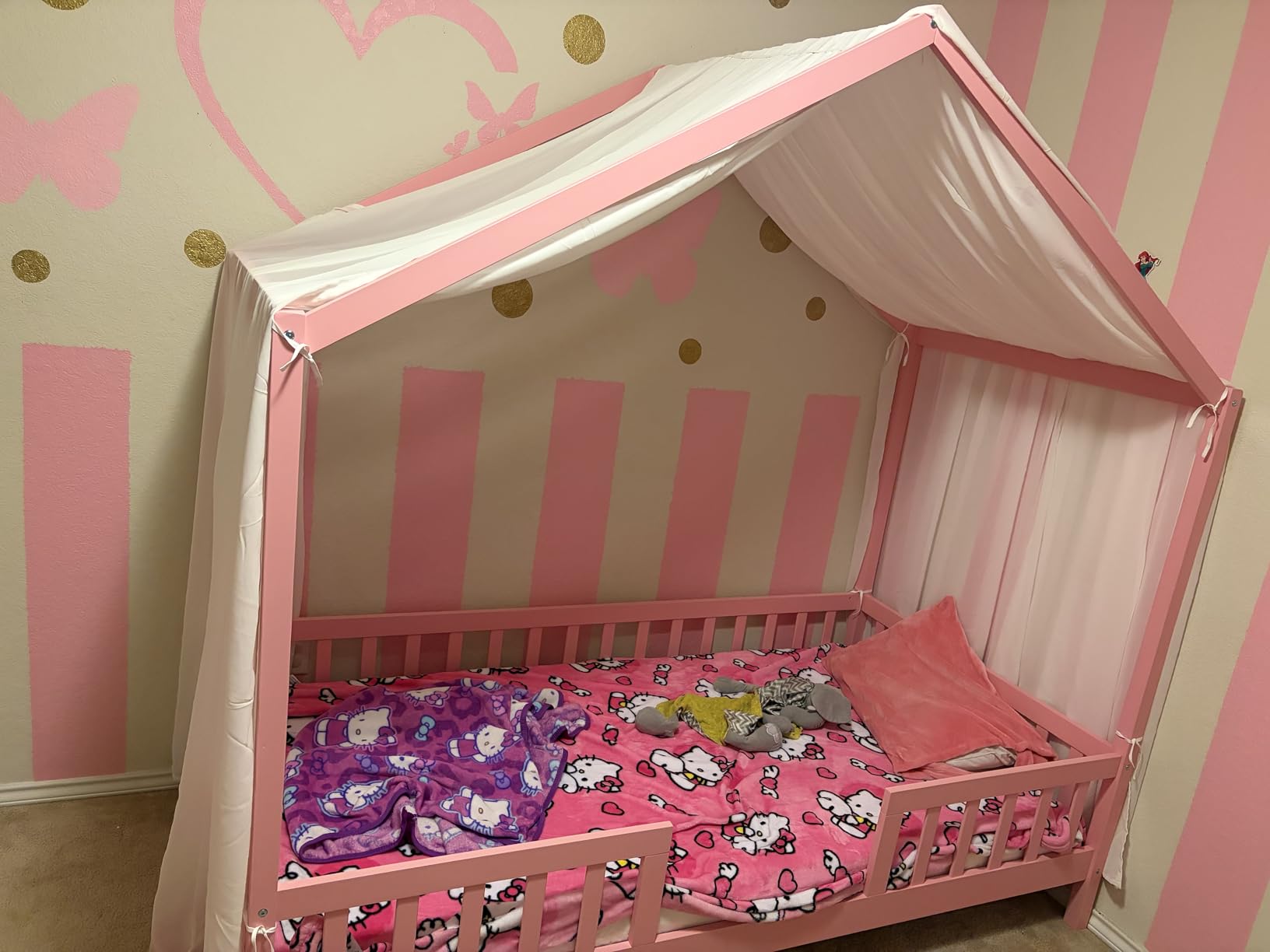 Twin Montessori House Bed with High Rails, Low Floor Beds with Roof & Canopy, Wood House Bed Frame for Boys Girls, No Box Spring Needed, Natural customer photo 1