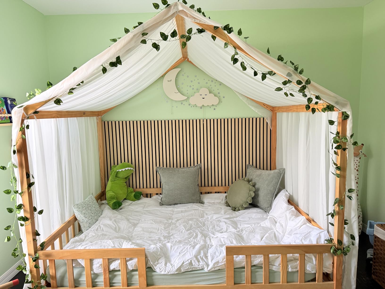 Twin Montessori House Bed with High Rails, Low Floor Beds with Roof & Canopy, Wood House Bed Frame for Boys Girls, No Box Spring Needed, Natural customer photo 2