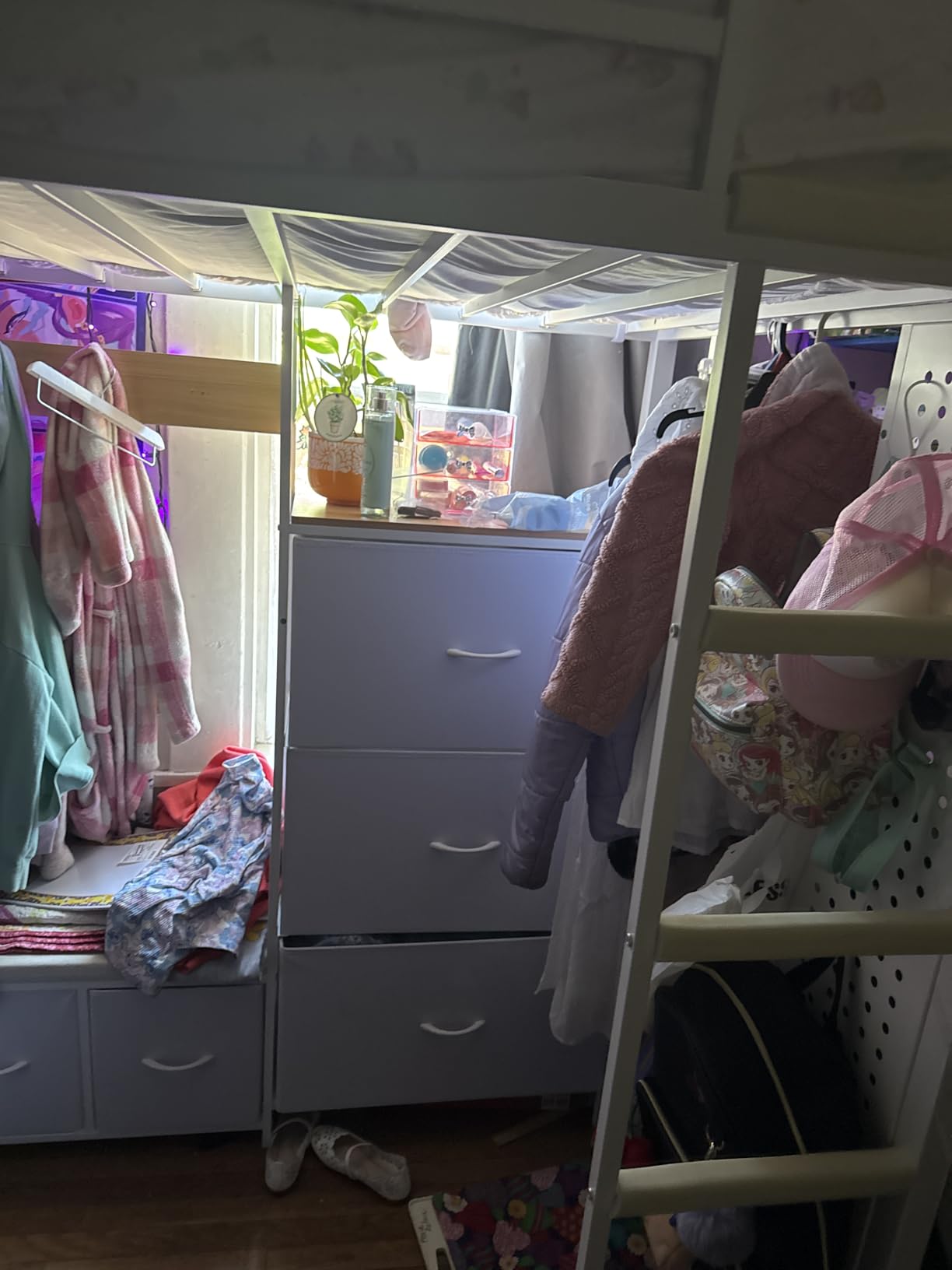DICTAC Twin Loft Bed with 6 Storage Drawers,Coat Rack and Open Shelves Metal Twin Size Loft Bed with Desk,Charging Station and LED Light,loft beds with Large Pegboard,Stairs and Safety Guardrail,White customer photo 1