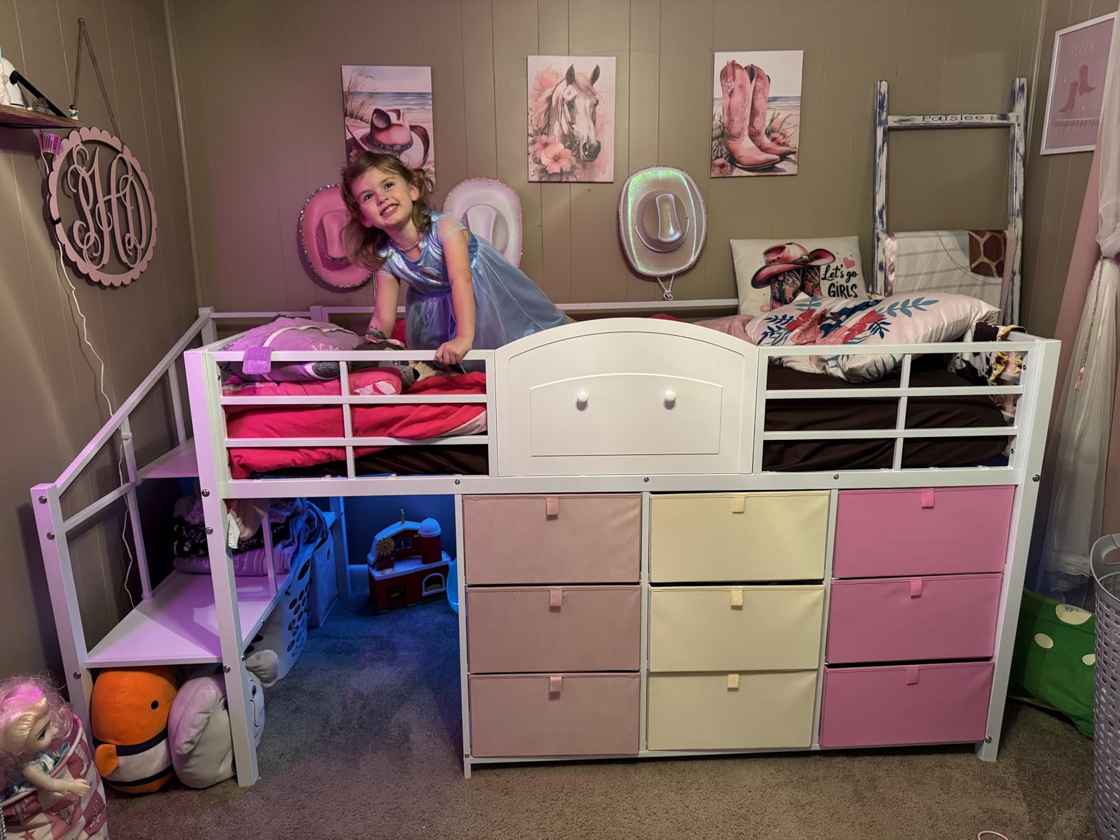 VIAGDO Low Loft Bed Full Size with 9 Storage Drawers and LED Lights, Metal Full Size Loft Bed with Stairway Shelf Storage, Low Loft Bed with Safety Guardrail and Under-Bed Hideaway for Kids, Grey customer photo 2
