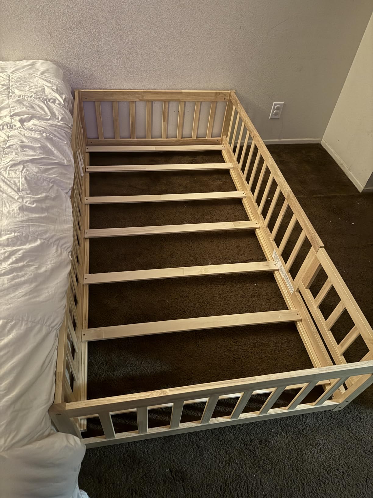 Full Size Montessori Floor Bed with Slats, Door and Guardrails, Natural customer photo 1