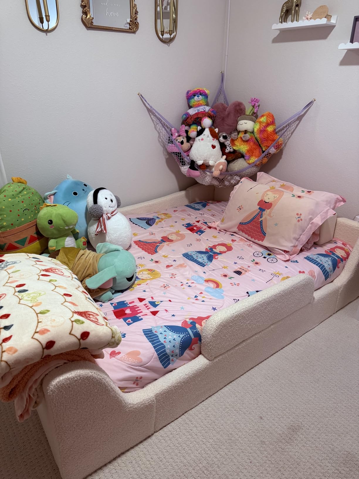 Twin Floor Bed, Low Montessori 2-in-1 Beds, Slats, High Rails, Upholstered customer photo 2