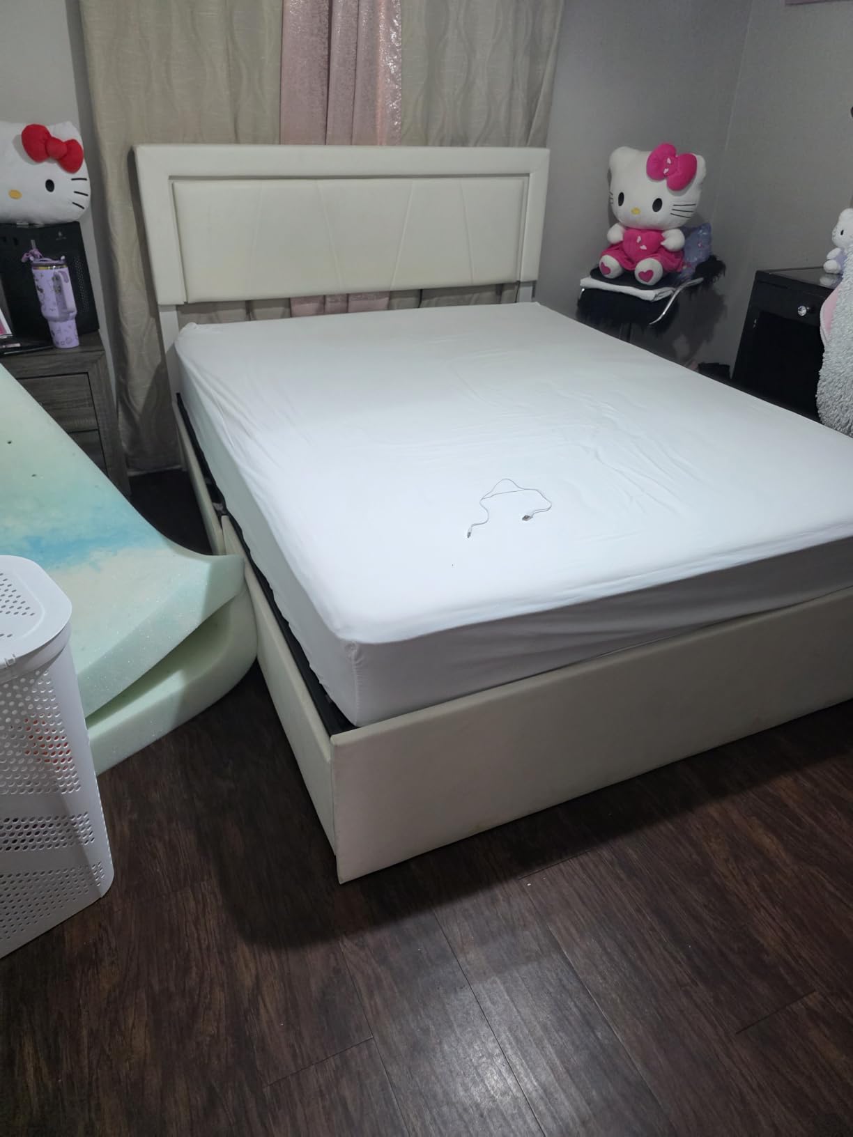 Twin Size Bed Frame with 4 Storage Drawers, LED Light, White Upholstered customer photo 2