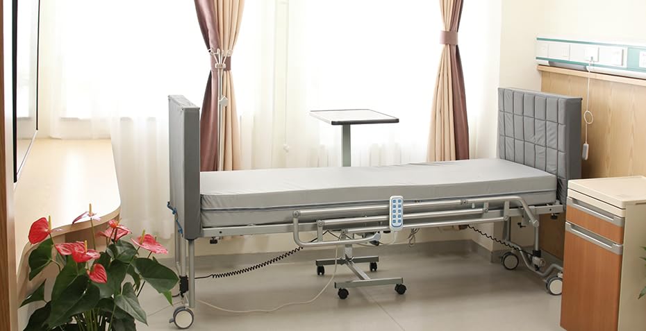 Real Relax 5 Function Full Electric Hospital Bed, Ultra Low Electric Medical Bed with Movable Dining Table, 6