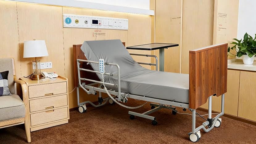 Real Relax 5 Function Full Electric Hospital Bed, Ultra Low Electric Medical Bed with Movable Dining Table, 6