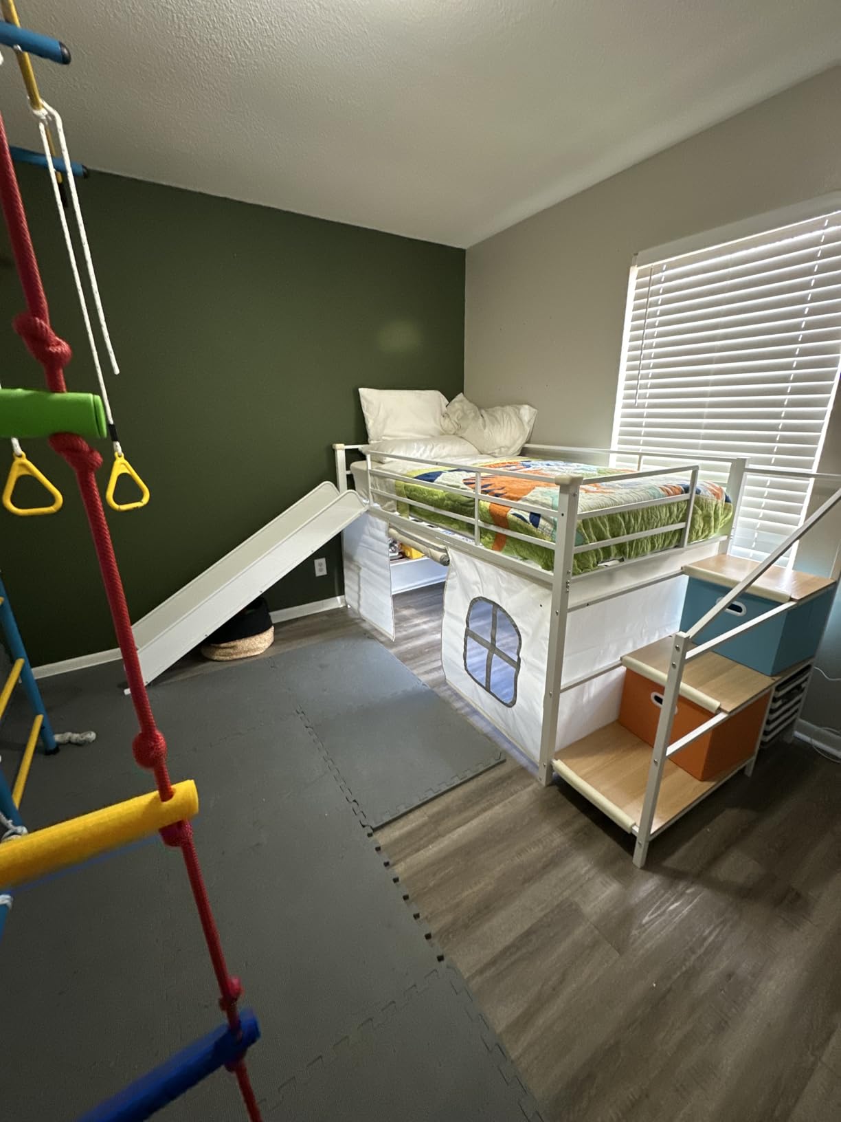 DICTAC Low Loft Bed with Slide, Storage Stairway and Led Lights Metal Twin Size Loft Bed with Under-Bed Play Space, Art Table & Play Curtain Twin Beds with 2 Drawers and 13.8''H Safety Guardrail, Black customer photo 1