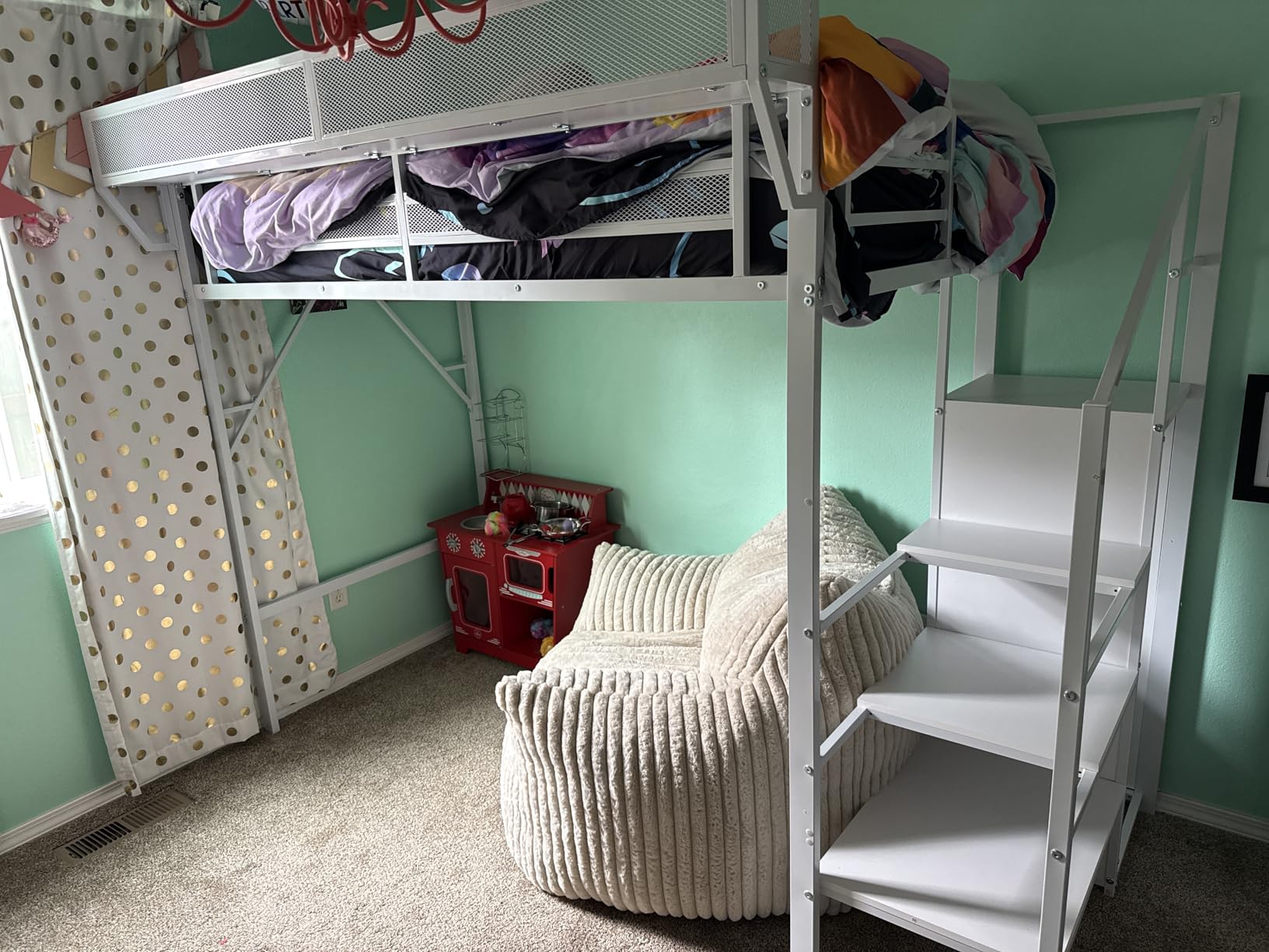 KEIKI Full Size Metal Loft Bed Frame with Convertible Staircase, Built-in Storage Shelves and Wardrobe, Loft Bed with Solid Slats, Guardrail, No Box Spring Required, Easy Assembly, for Bedroom, Black customer photo 2