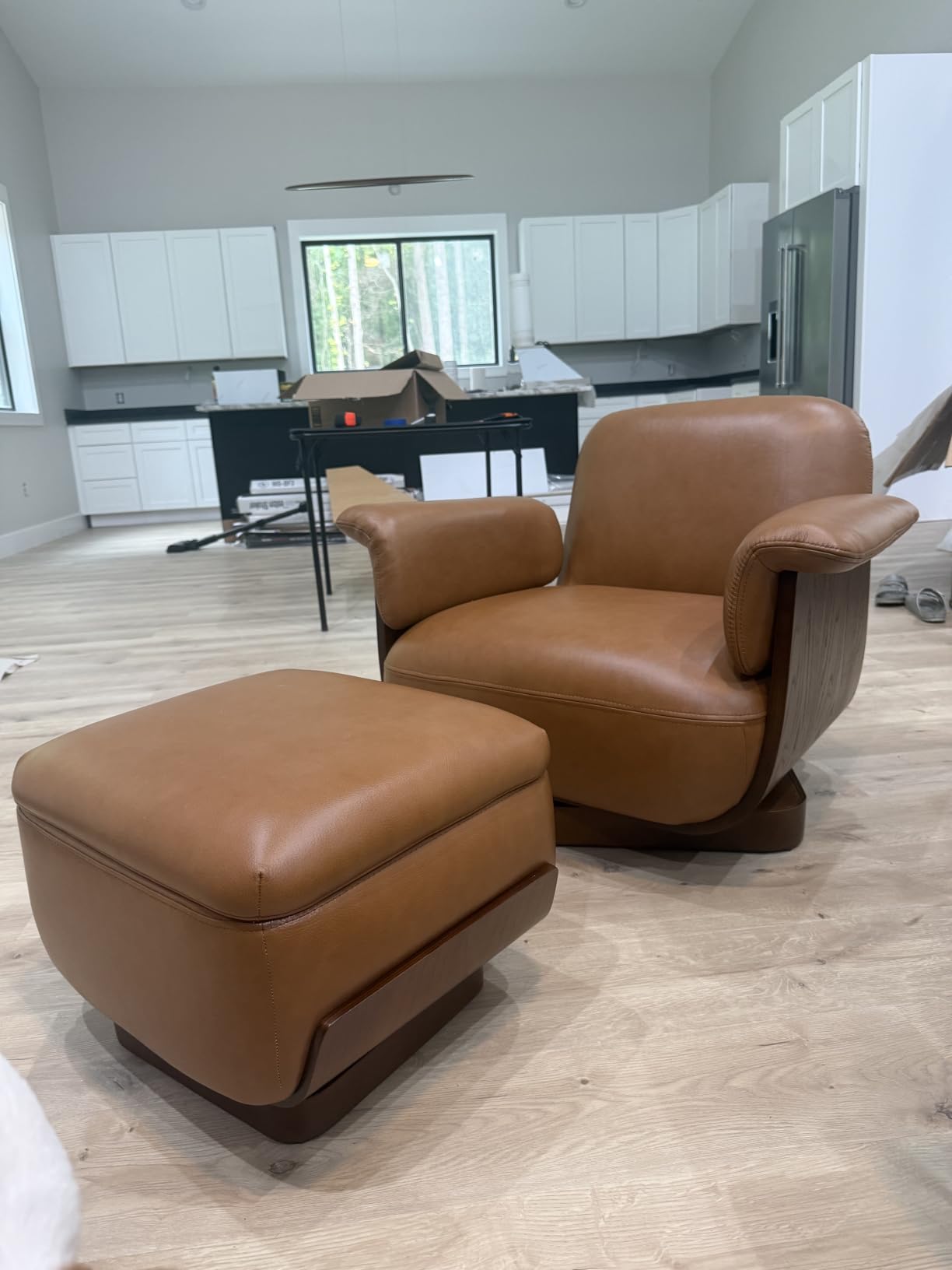 CHITA Genuine Leather Swivel Accent Chair with Storage Ottoman, Saddle customer photo 1