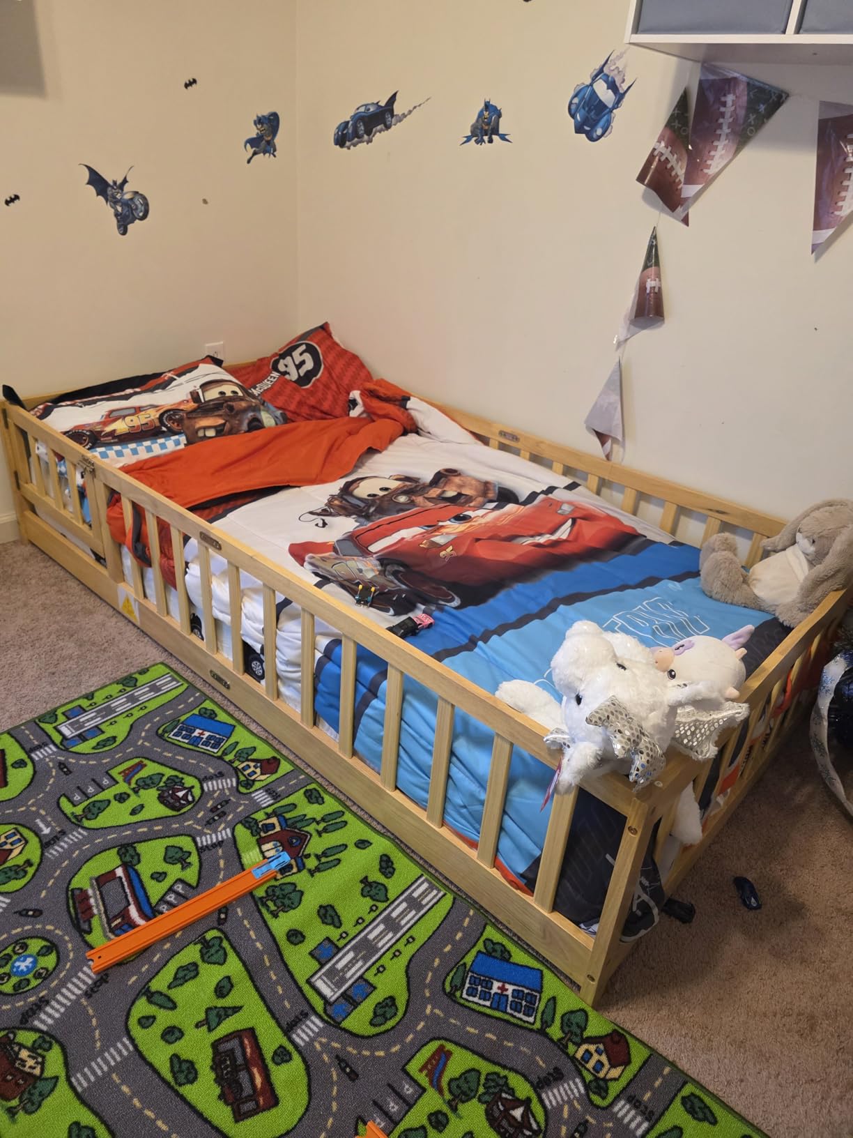 Full Size Montessori Floor Bed with Slats and Door, Solid Wood Floor Bed Frame with High Rails,Full Low Wooden Kids Beds with Guardrails,No Box Spring Needed, Gray customer photo 1
