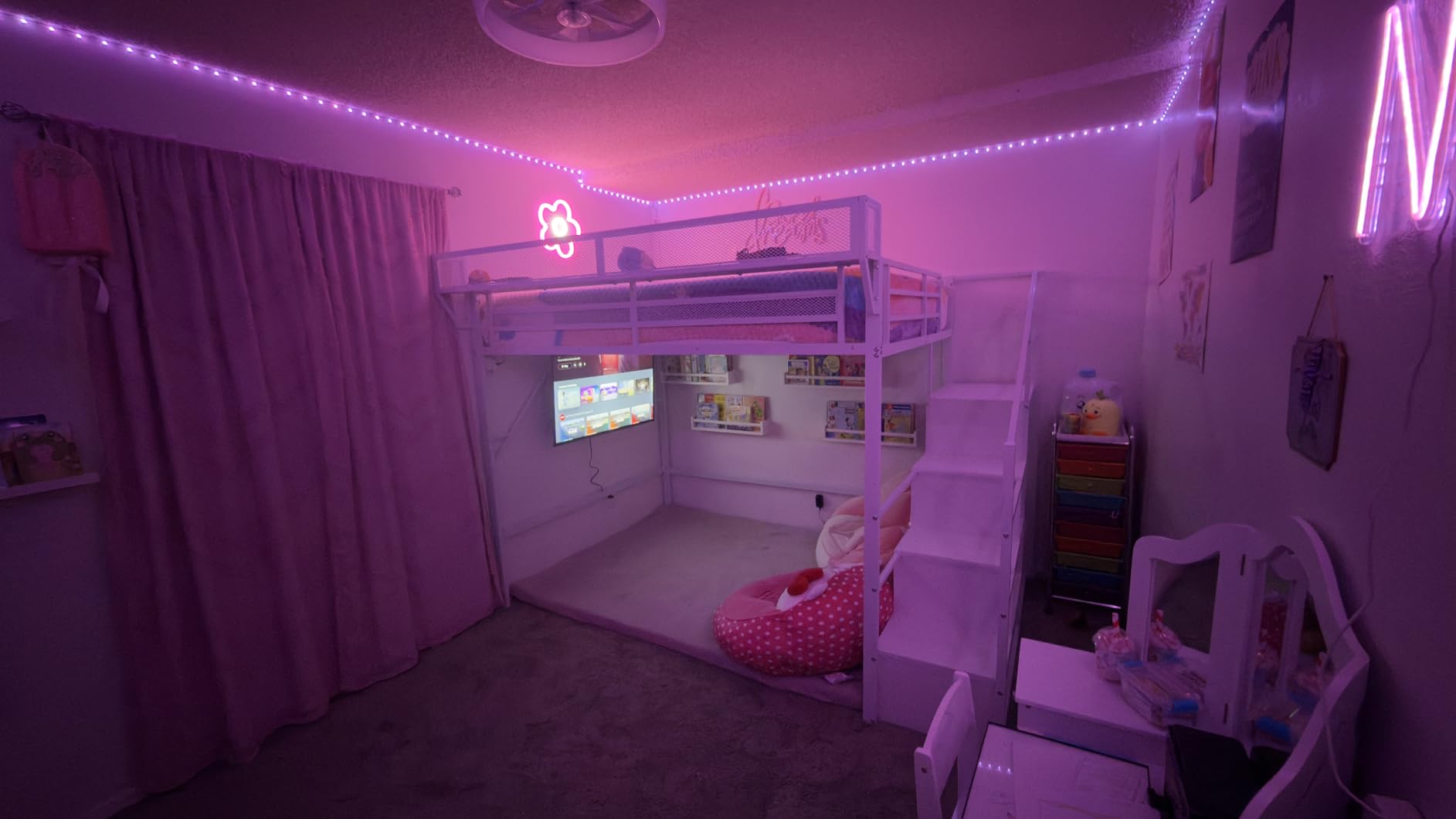 Full Size Loft Bed with Stairs & Storage, Metal Loft Bed Full with 4 Storage Rack, Guardrail,Charging Station & LED lights for Adults Kids Teens, Tall Lofts with Under Bed Space for Room, White customer photo 1