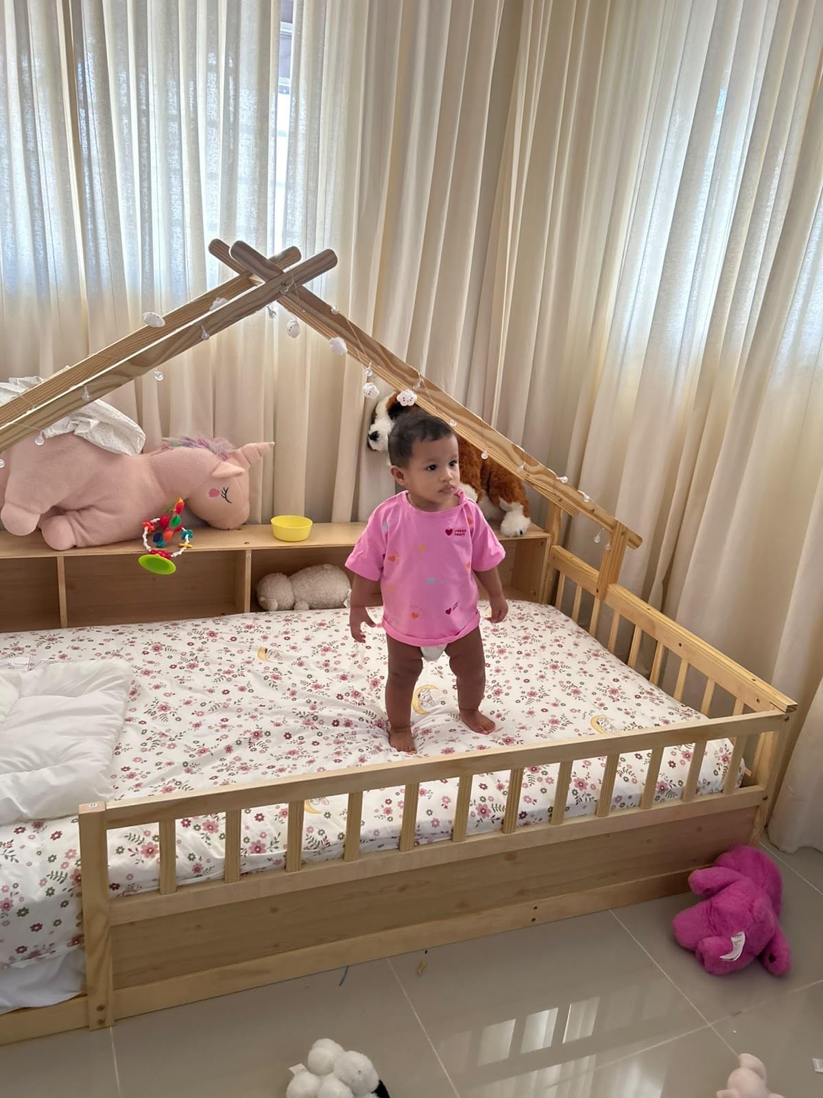 Twin Size Floor Bed with Storage Bookshelves and Light, Wooden Montessori House Bed Frame with Roof Shape, High Safety Rails, Low Profile Kids Bed for Boys and Girls, No Box Spring Needed, Natural customer photo 2