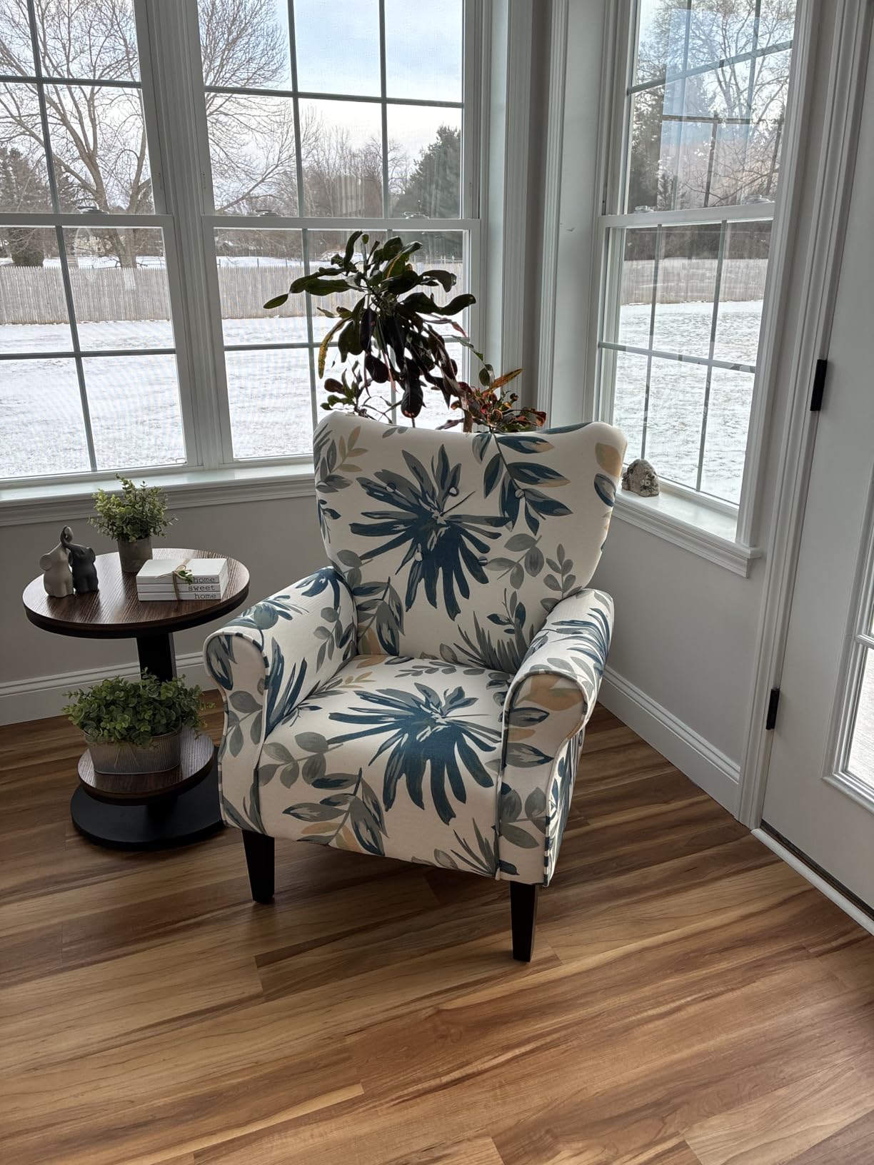 YOLENY Mid Century Wingback Arm Chair, Modern Upholstered Fabric High Back Accent Chair with Wood Legs, Upholstered Single Sofa Club Chair for Living Room, Bedroom, Home Office, Grey Green Leaves customer photo 1