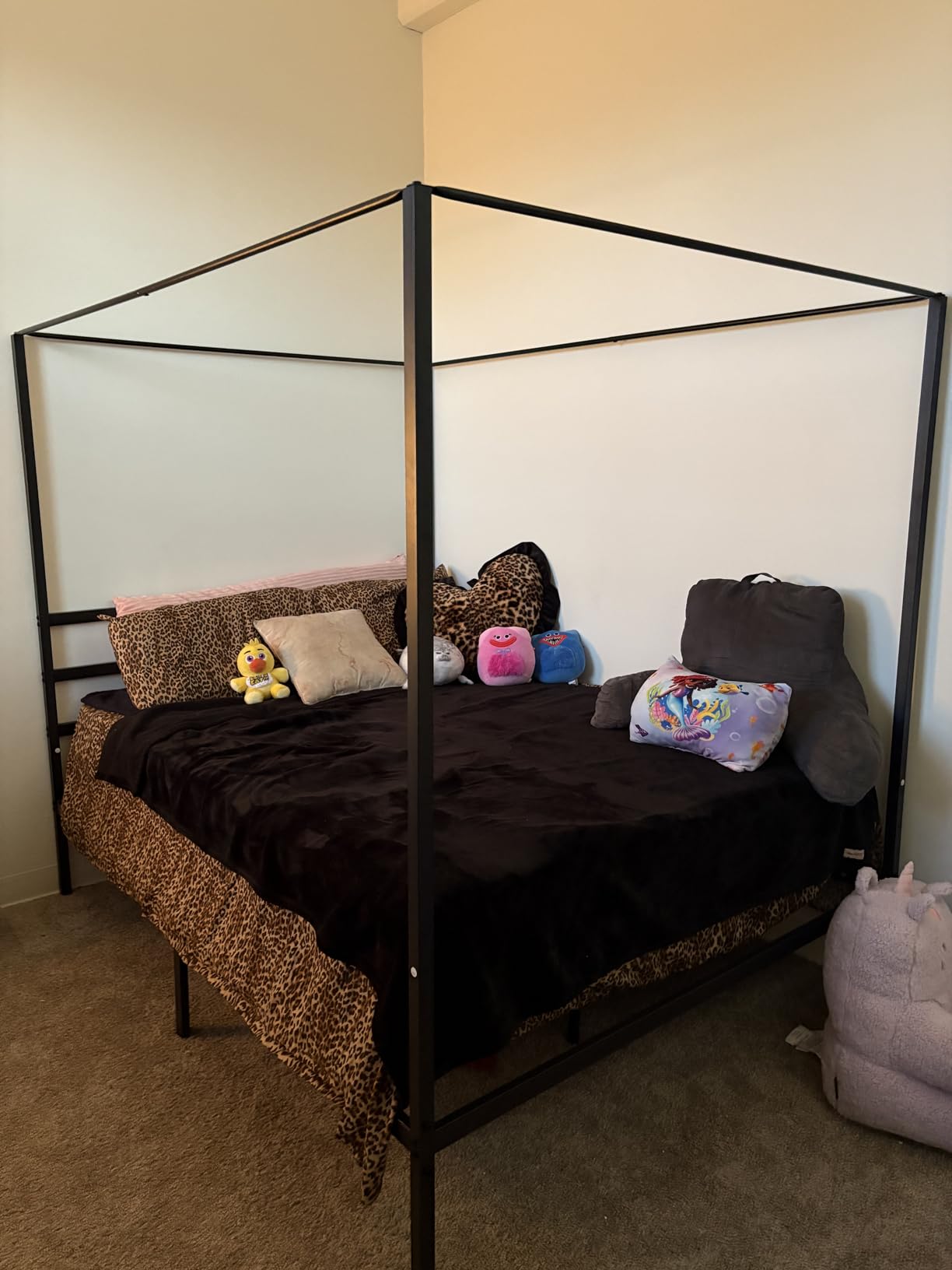 SUPER DEAL Full Size Metal Canopy Bed Frame, Built-in Headboard Sturdy Slatted Structure Four Poster Platform Mattress Foundation, No Box Spring Needed Easy Assembly, Black customer photo 1