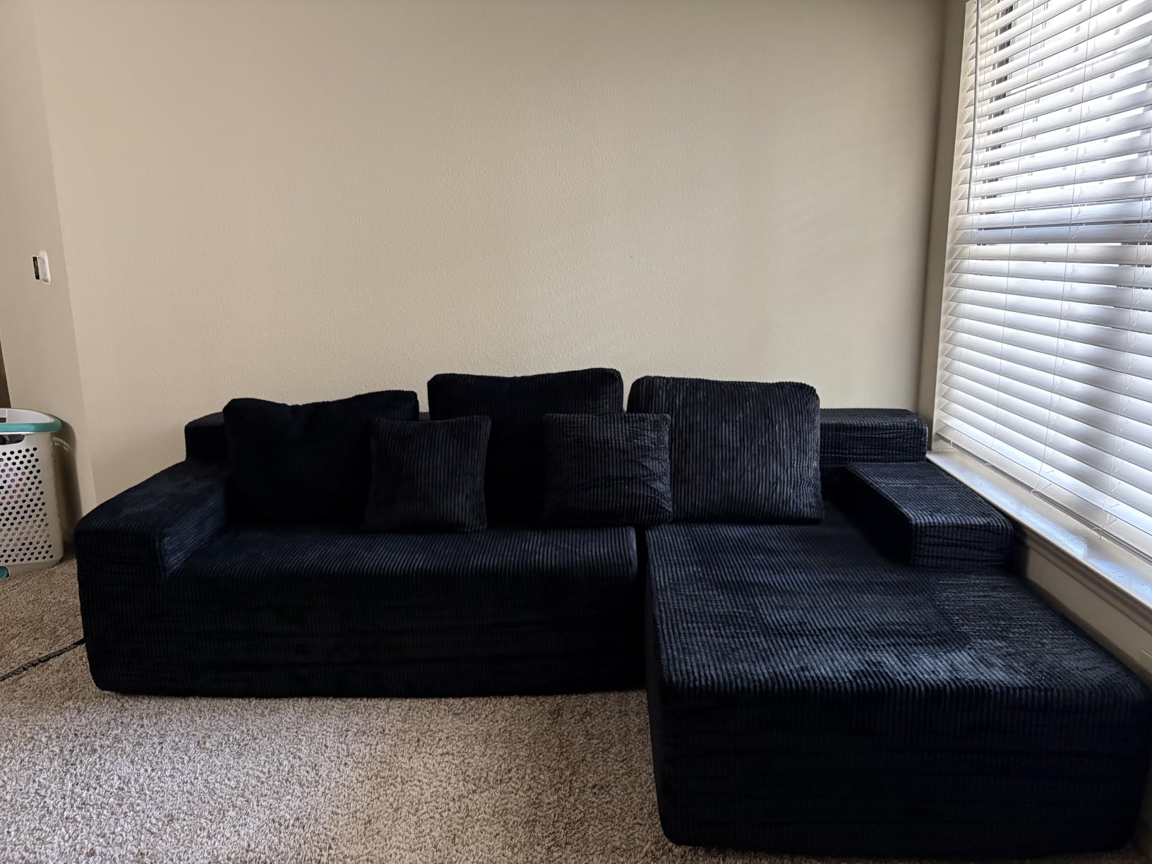 GRUSIGN Cloud Sectional Boneless Couches for Living Room, Modular L Shaped Couch with Deep Seat Oversized Right Facing Chaise, Memory Foam Compressed Spineless 3 Seater Sofa, Wide-Striped Grey customer photo 2