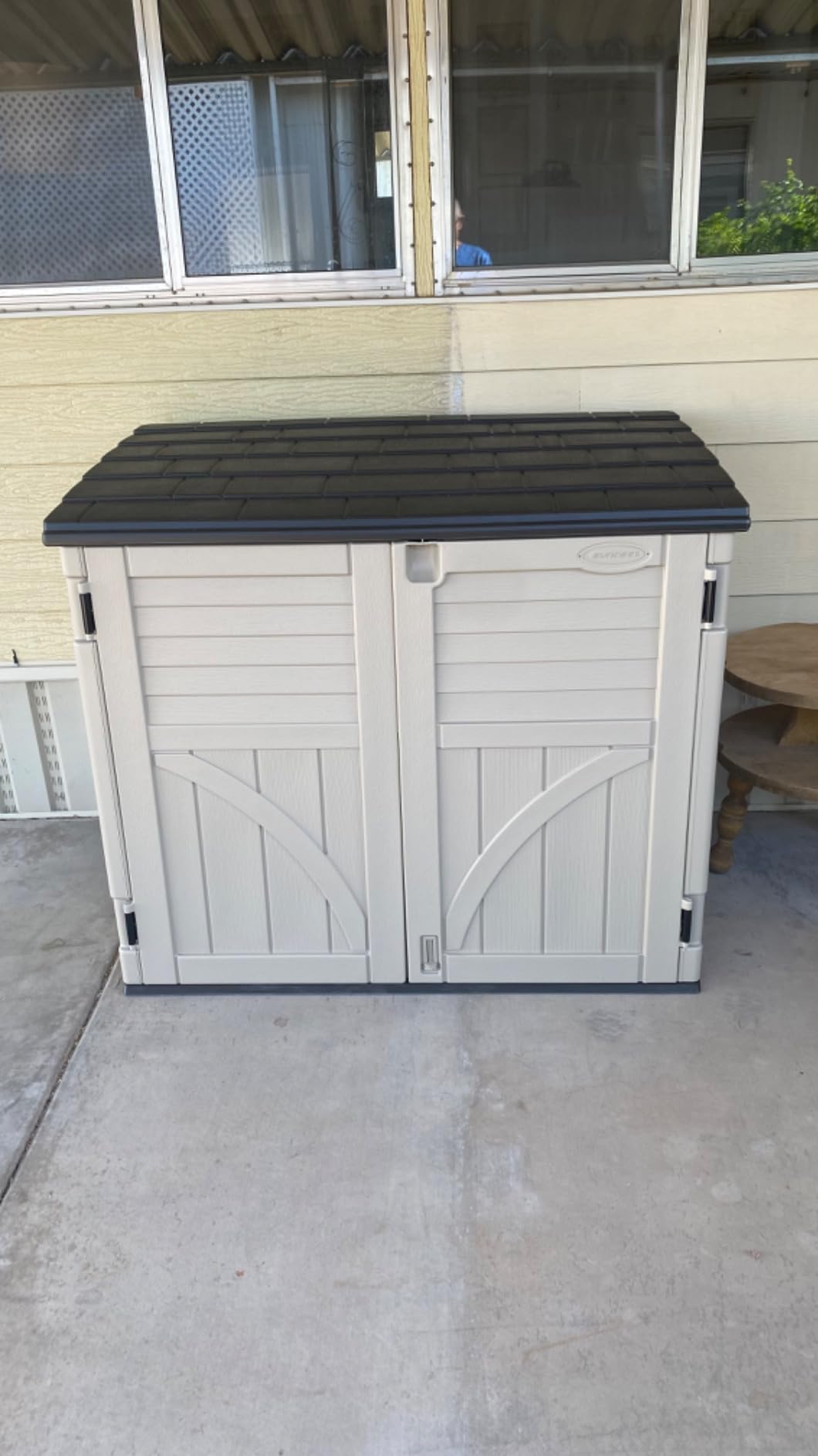 Suncast Horizontal Shed, Compact Outdoor Storage System, 34 Cu. Ft. Capacity, Sand & Slate - Lockable Multi-Wall Resin Organizer for Garbage Cans, Garden Tools, Bins, Bikes and Yard Equipment customer photo 2