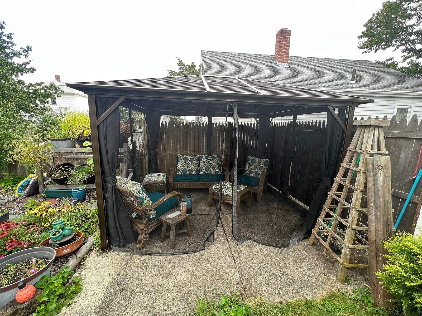 Outsunny 10' x 12' Hardtop Gazebo with Curtains and Netting, Permanent Pavilion Metal Single Roof Gazebo Canopy with Aluminum Frame and Hooks, for Garden, Patio, Backyard, Coffee Brown customer photo 2