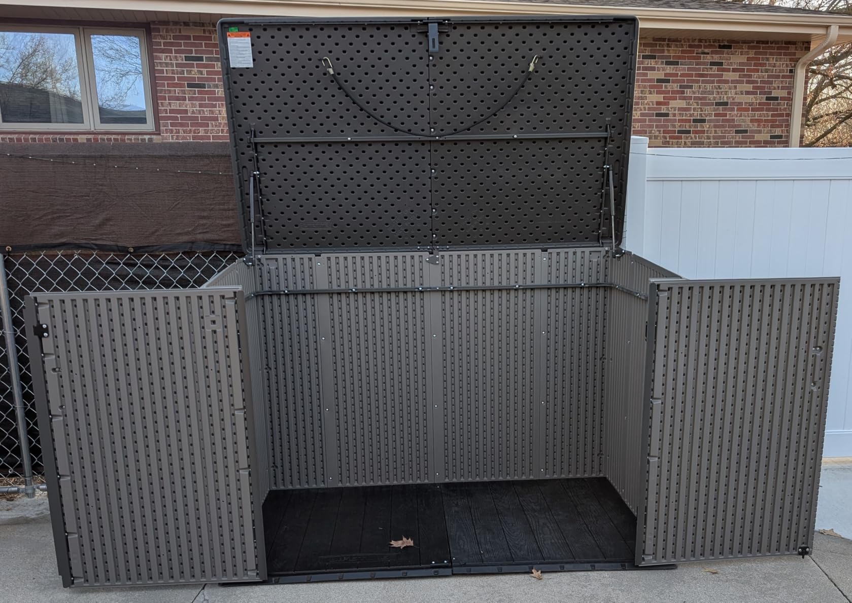 LIFETIME Horizontal Outdoor Storage Shed, Weather Resistant Resin Storage Can Fit Two Large Garbage Cans, Lockable Doors, Spring‑Hinge Lid, Low‑Maintenance Backyard Utility Shed customer photo 2