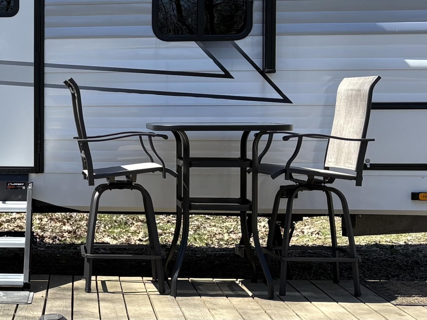 Vongrasig 3 Piece Patio Swivel Bar Set, All Weather Mental Textilene High Swivel Stools Chair Set of 2 and Glass Bar Table, Outdoor High Top Bistro Set for Lawn Garden, Balcony, Taupe customer photo 1