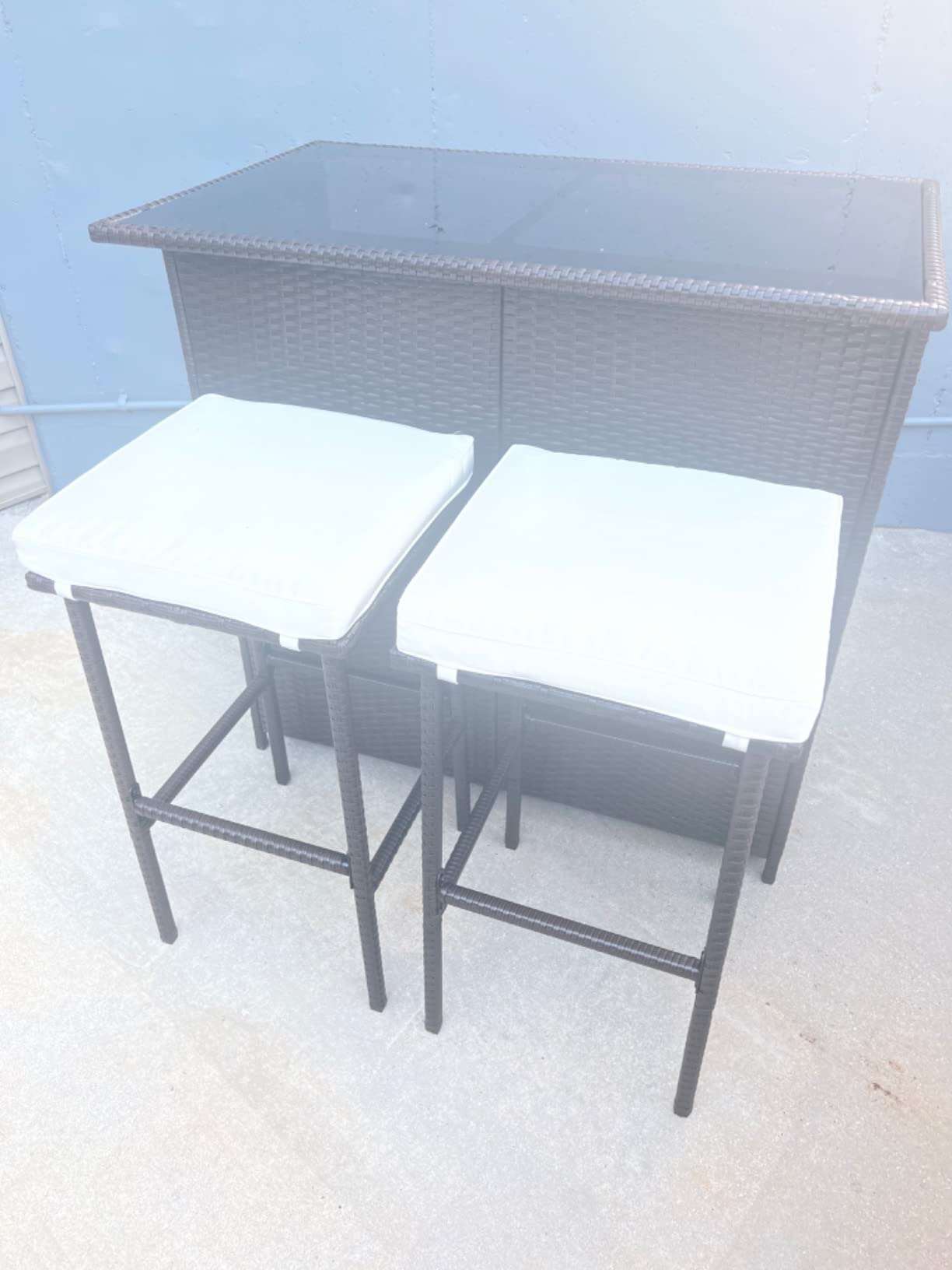 3PCS Patio Bar Set Outdoor Furniture Set Wicker Bistro Set with Two Stools for Patio Backyard Balcony,Blue Cushion customer photo 1