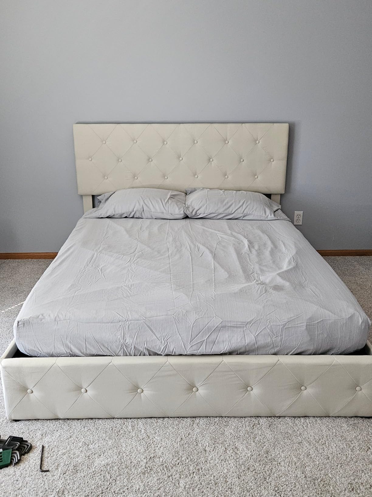 TTVIEW Queen Bed Frame with 4 Storage Drawers and Adjustable Headboard, Upholstered Platform Bed with Button Tufted Design, Strong Wooden Slats Support, No Box Spring Needed, Fabric, Cream customer photo 1