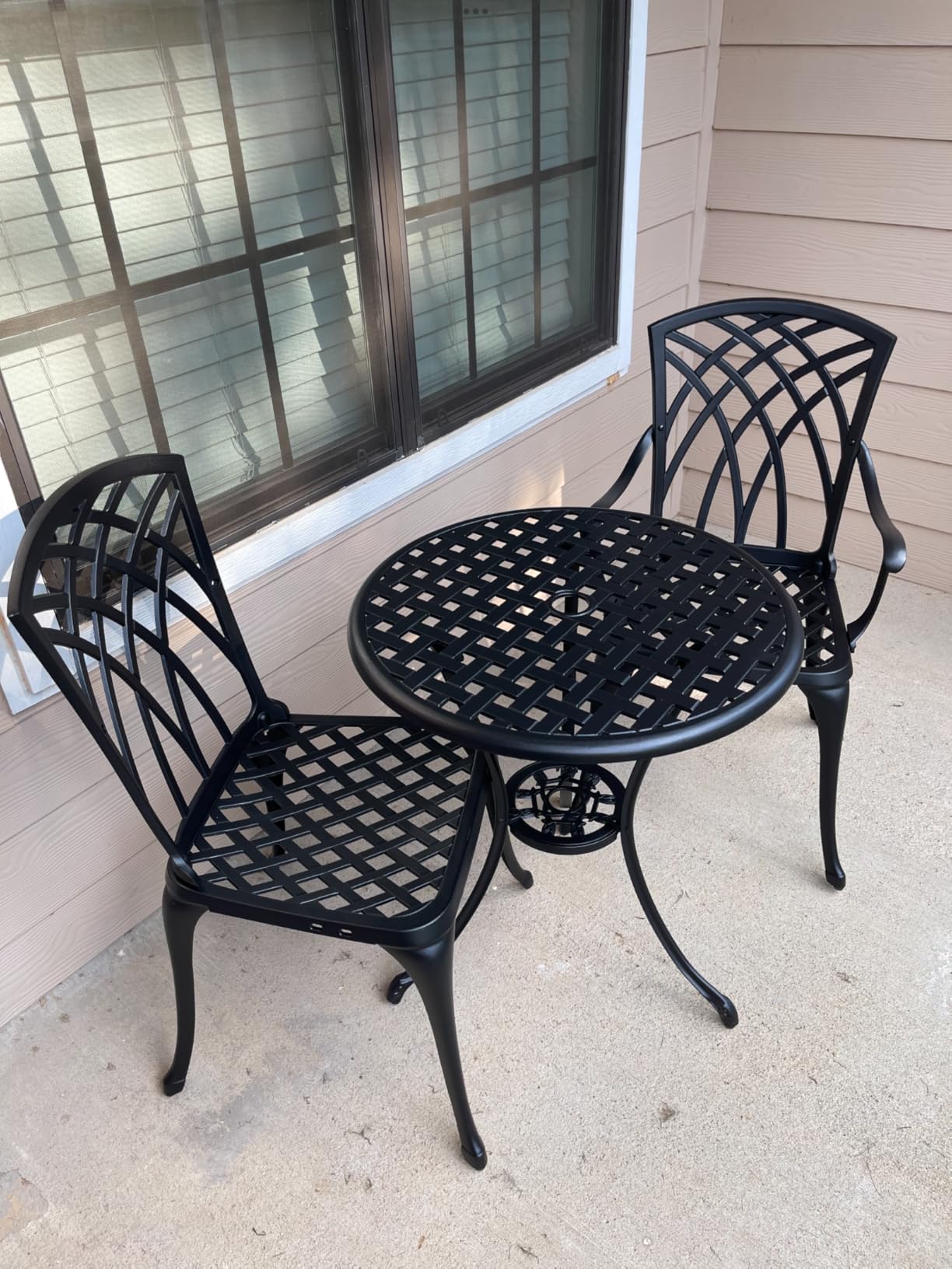 NUU GARDEN Bistro Set 3 Piece Outdoor Cast Aluminum Patio Bistro Set Patio Table and Chairs Set of 2 with Umbrella Hole and Gray Cushions, Black customer photo 1