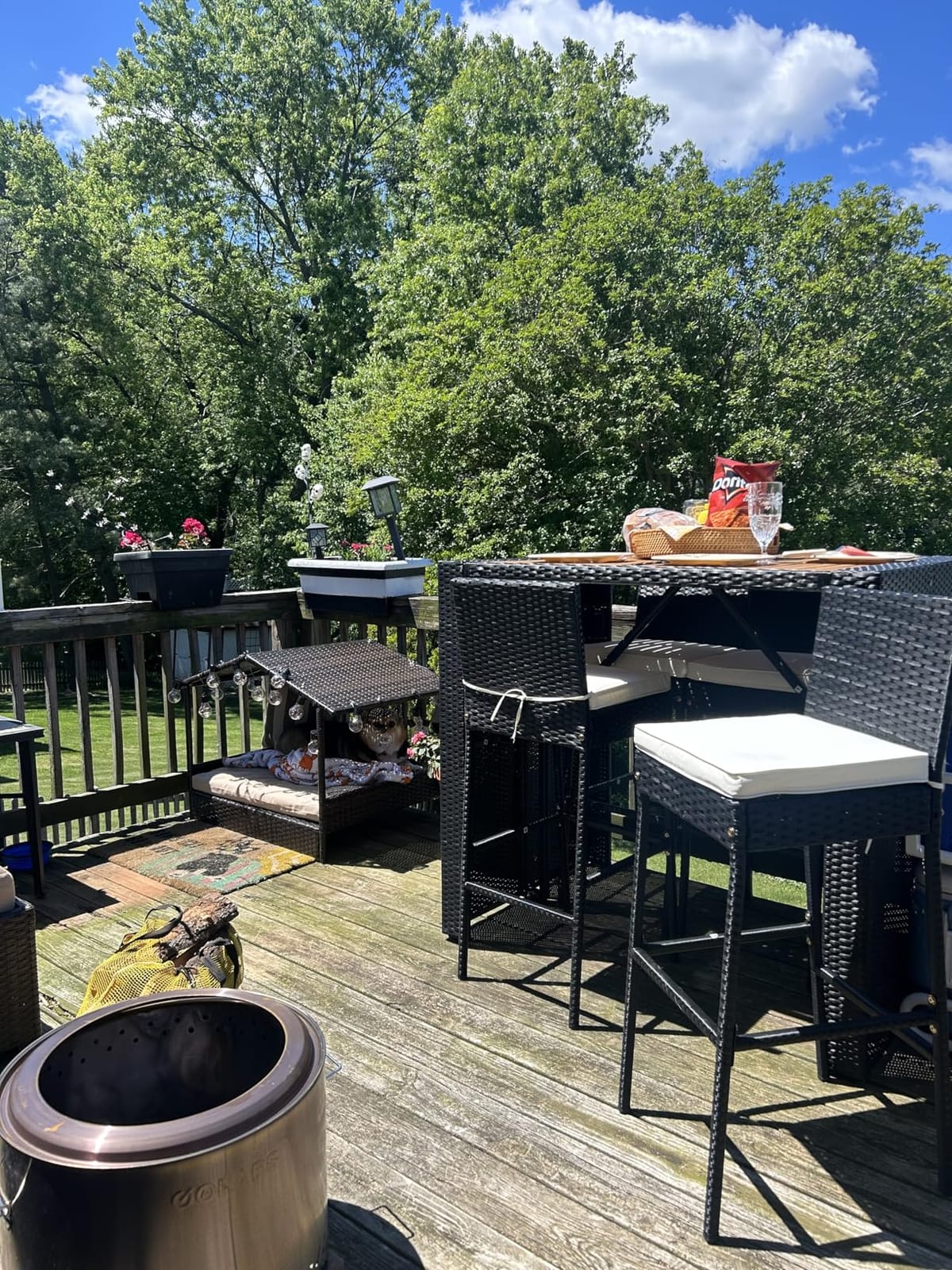 Tangkula 7 Piece Patio Wicker Bar Set, Patiojoy Outdoor Acacia Wood Bar Height Table & 6 Rattan Bar Stool Chairs with Backrest and Footrest, for Bistro Garden Balcony customer photo 1