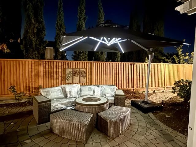 PURPLE LEAF Cantilever Umbrella 9' X 12' Solar LED Light Patio Deck, Beige customer photo 2