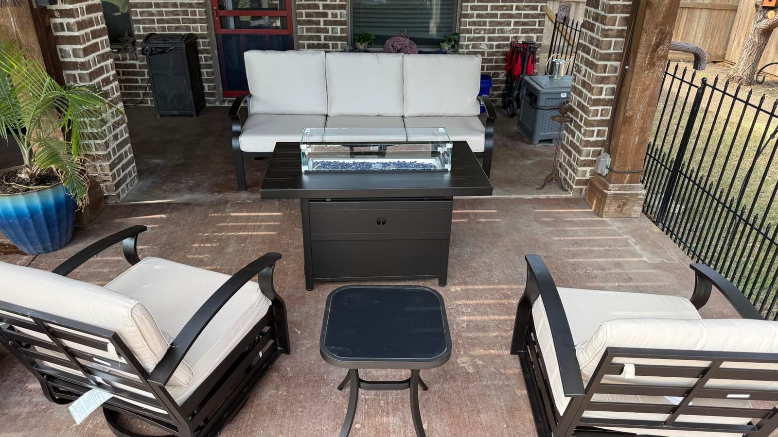 Kurapika 5 Piece Modern Metal Outdoor Conversation Sets, Patio Furniture Set, 4 Aluminum Swivel Chairs w/48in Round Propane Fire Pit Table and Thickened Cushions, Grey customer photo 1