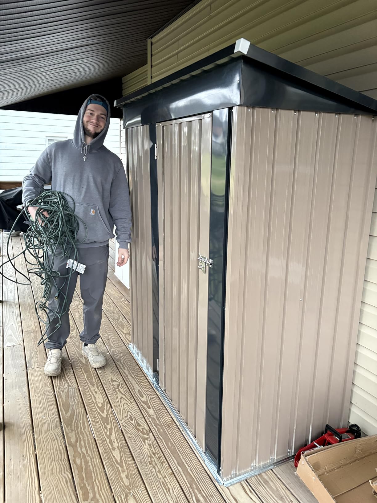 Greesum 8x4FT Outdoor Storage Shed, Metal Shed with Triple Lockable Door, Utility Tool Storaged Garden Shed with Slopping Roof for Patio Storage, Brown customer photo 1