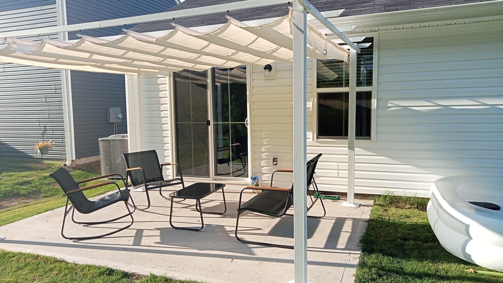 HAPPATIO 10' X 10' Retractable Pergola with Sun Shade Canopy, Patio Aluminum Frame Shelter for Backyards, Gardens, Porch, Includes Ground Studs and Expansion Screws (Grey) customer photo 2