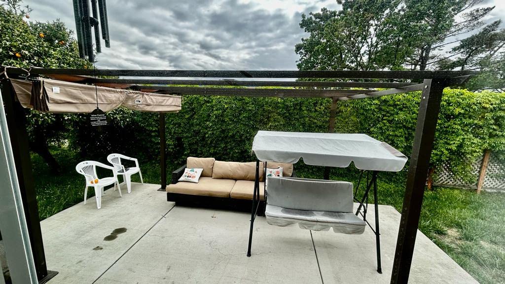 HAPPATIO 12' X 12' Wood-Grain Retractable Pergola with Sun Shade Canopy, Patio Aluminum Frame Shelter for Backyards, Gardens, Porch, Includes Ground Studs and Expansion Screws (Beige) customer photo 1
