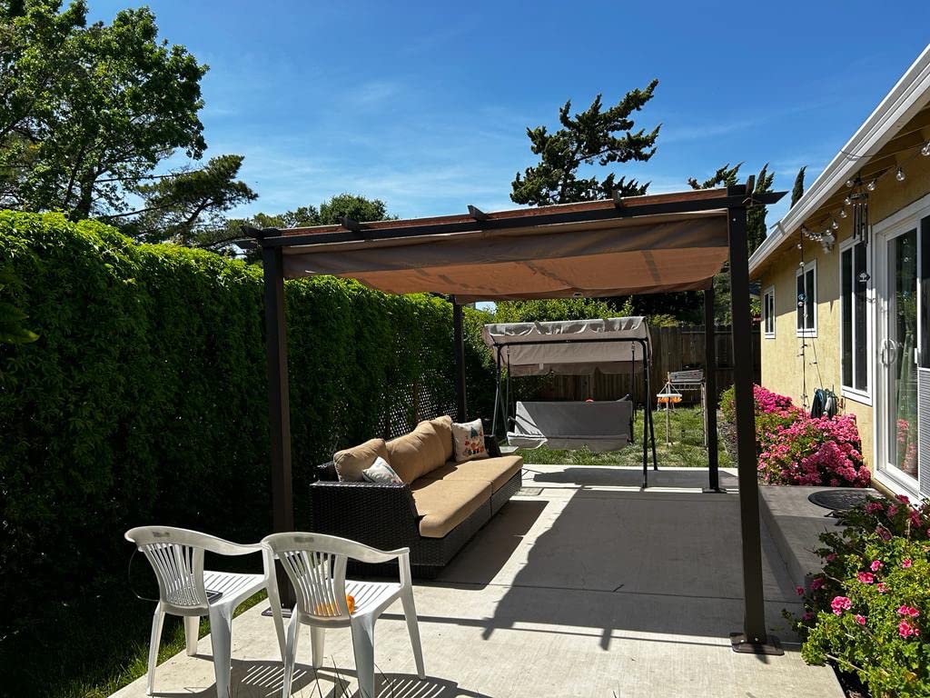HAPPATIO 12' X 12' Wood-Grain Retractable Pergola with Sun Shade Canopy, Patio Aluminum Frame Shelter for Backyards, Gardens, Porch, Includes Ground Studs and Expansion Screws (Beige) customer photo 2