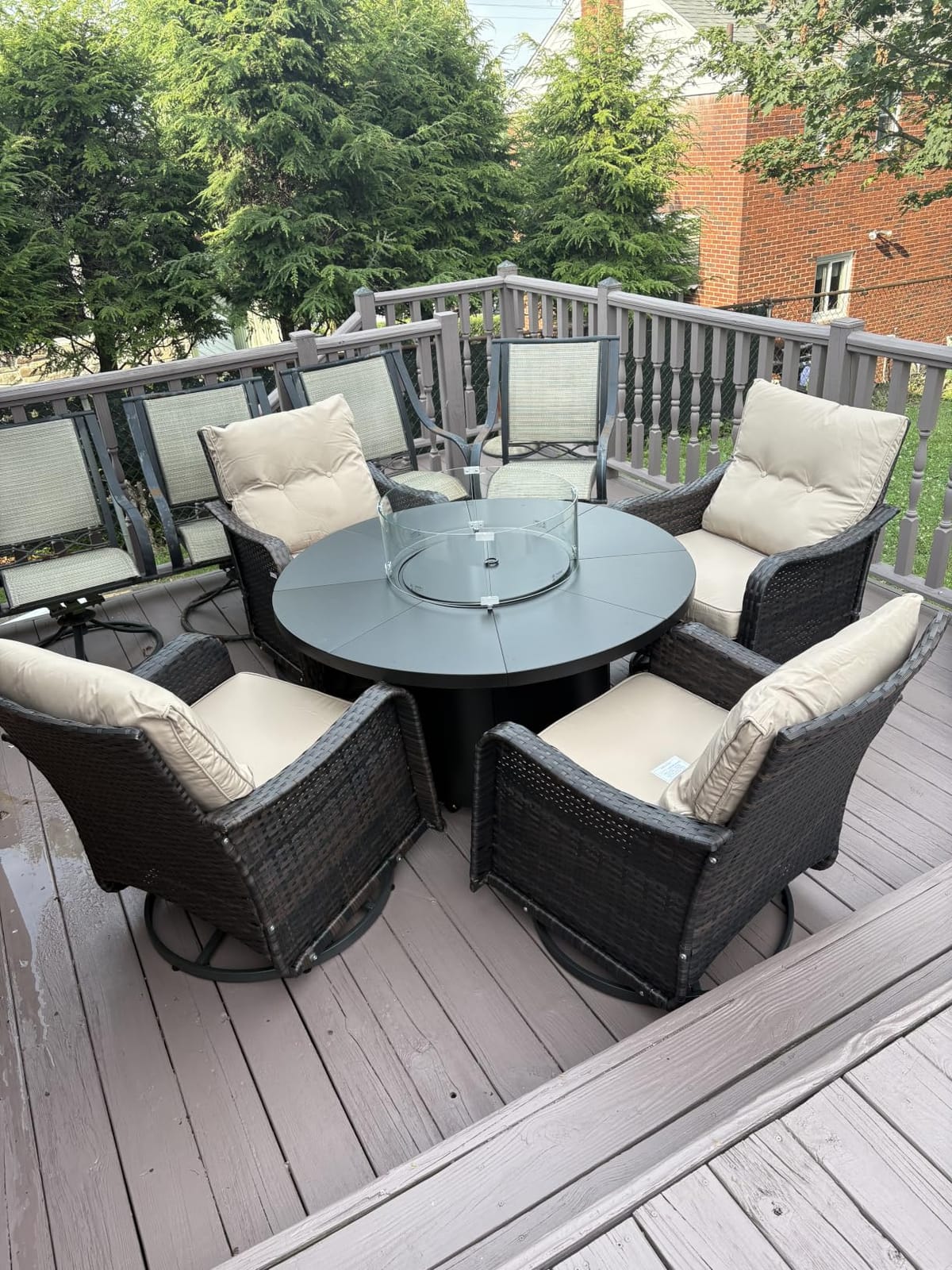 ALAULM 7-Piece Outdoor Swivel Rocking Chair Set with 40,000 BTU Round Fire Pit Table, Patio Furniture Set, Wicker Patio Chairs with Side Table for Poolside, Deck, Backyard, and Garden—Grey customer photo 1