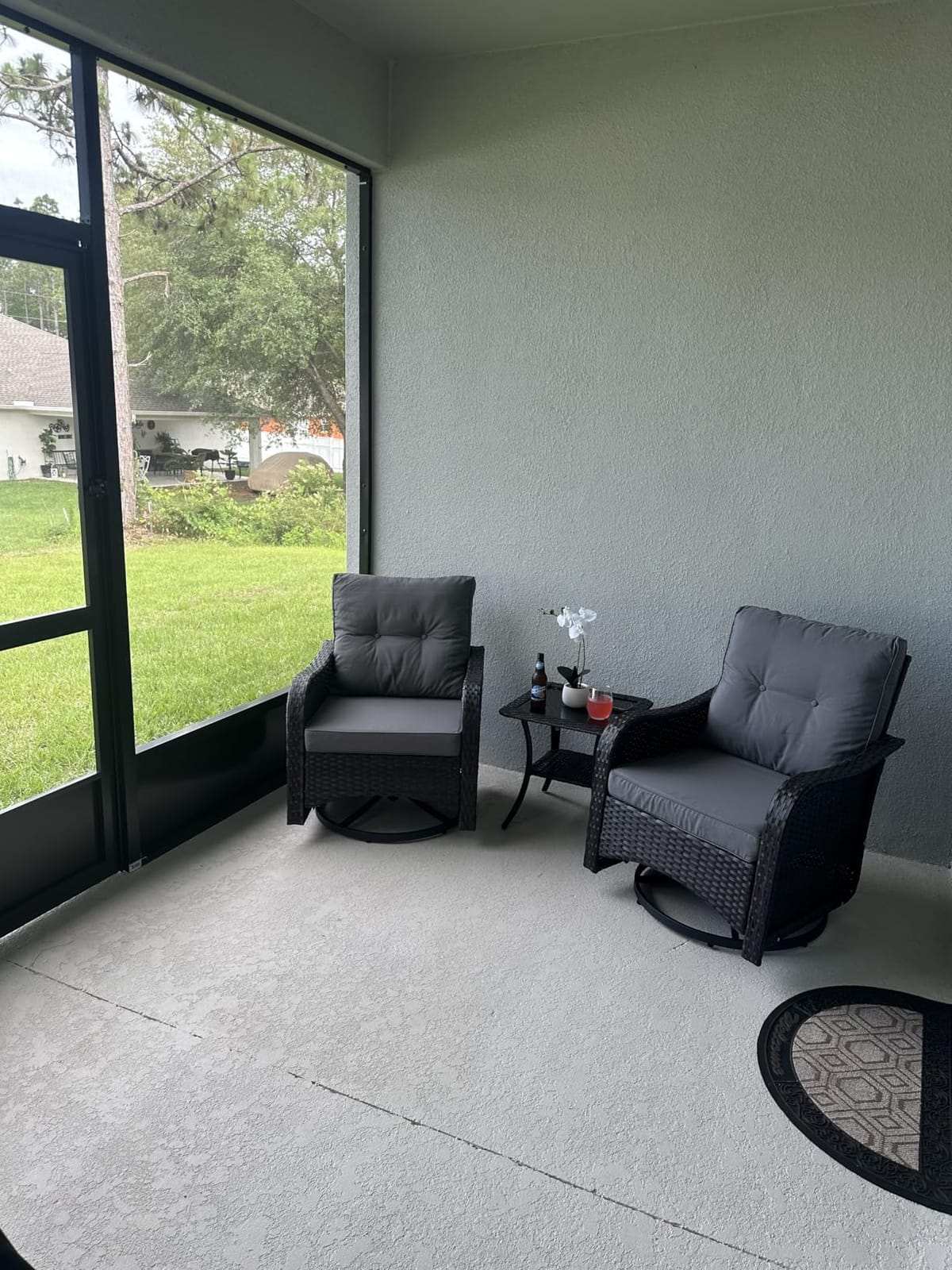 Gotland Outdoor Swivel Chairs Set of 2, 7-Pieces Patio Furniture Set with Round Fire Pit Table Rattan Coffee Table Thick Cushion, Outdoor Swivel Rocker Wicker Patio Bistro Set for Balcony Porch, Navy customer photo 2
