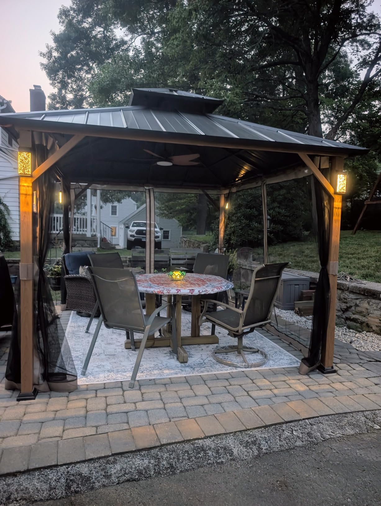 Modern Shade Hardtop Gazebo 10x12 with 4 LED Lights for Backyard Wood Grain customer photo 2